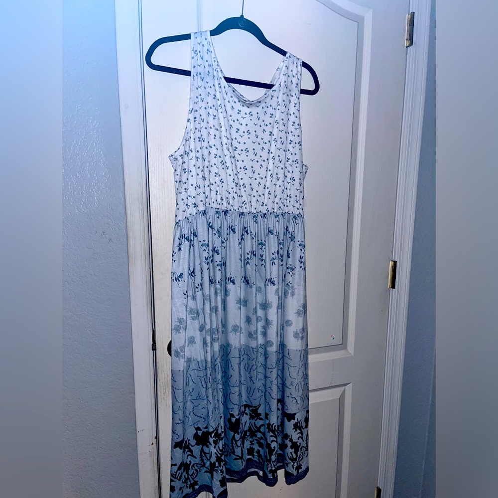 Blue and white floral cotton maxi dress